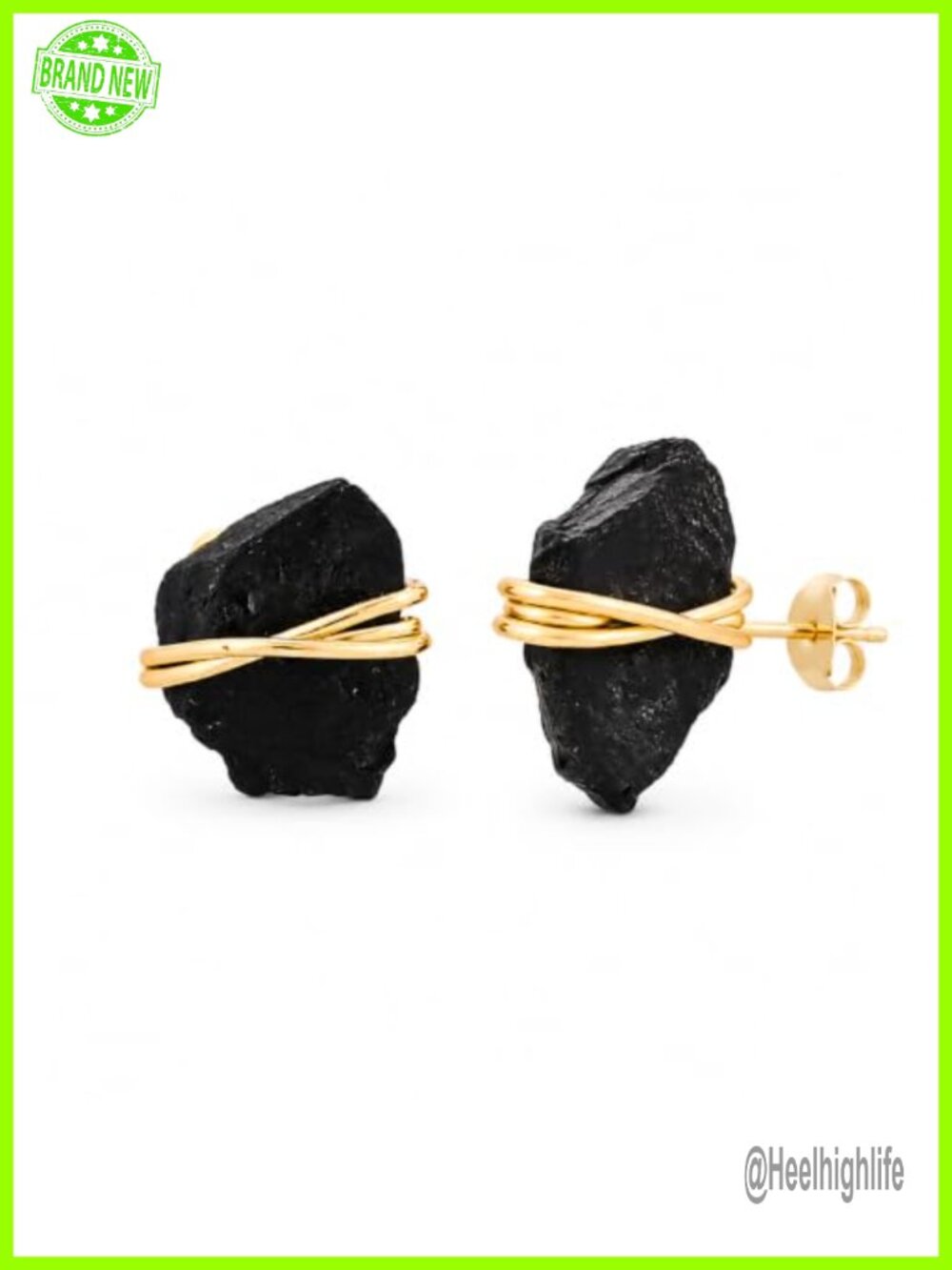Genuine Raw Black Tourmaline Stud Earrings 14K Gold Wire Wrapped Handmade